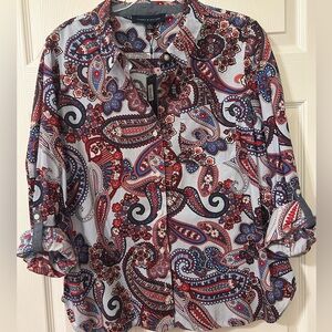 Tommy Hilfiger Red and Blue Paisley Women’s XL Button-Down Shirt NWT